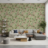 Spacious lounge with the Whimsical Rococo Monkeys Vineyard Garden Green Wallpaper