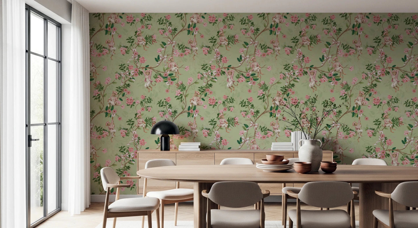 Formal dining room featuring Whimsical Rococo Monkeys Vineyard Green Wallpaper
