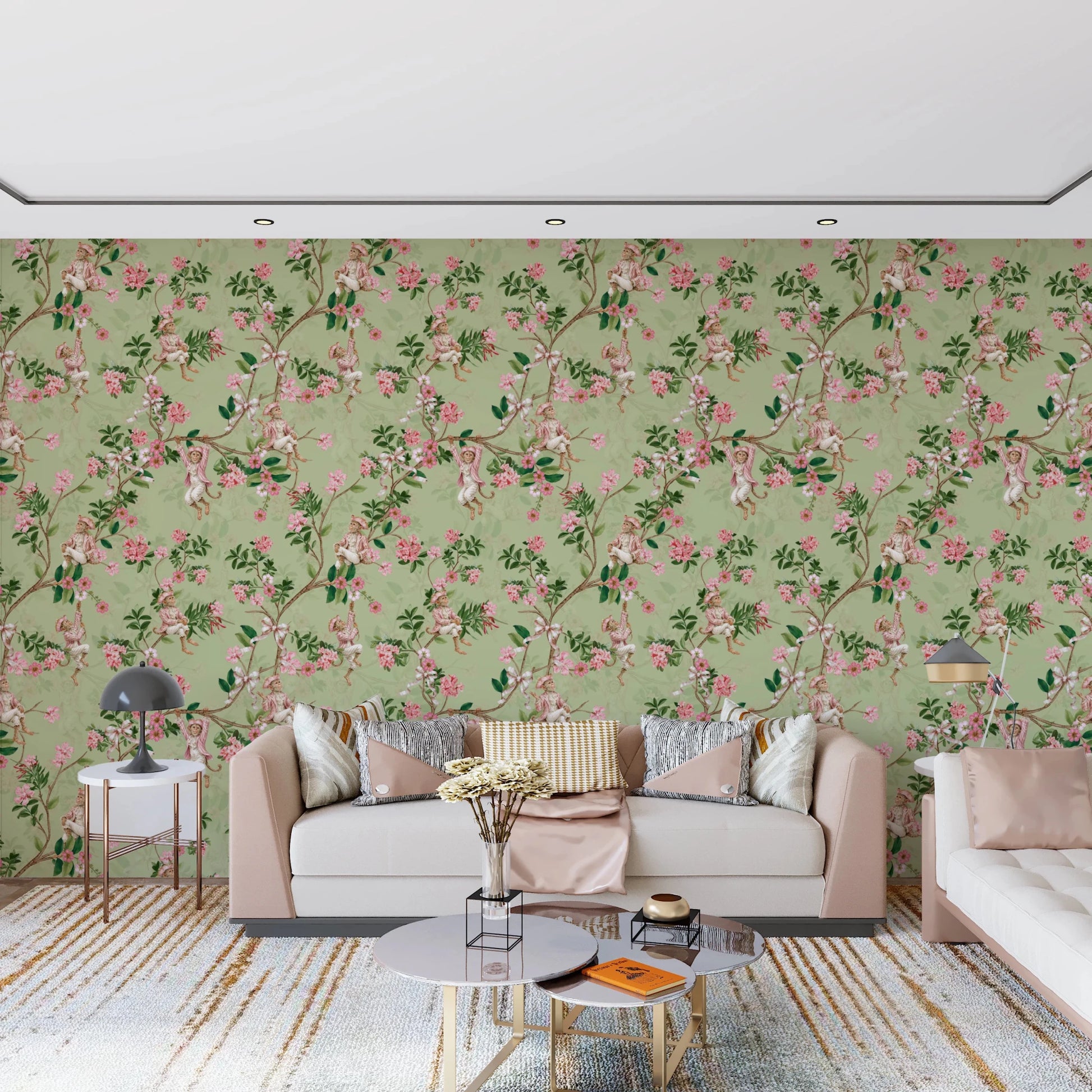Chic apartment lounge featuring Whimsical Rococo Monkeys Vineyard Green Wallpaper