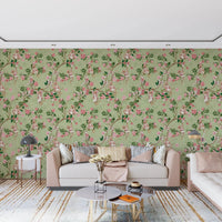 Chic apartment lounge featuring Whimsical Rococo Monkeys Vineyard Green Wallpaper