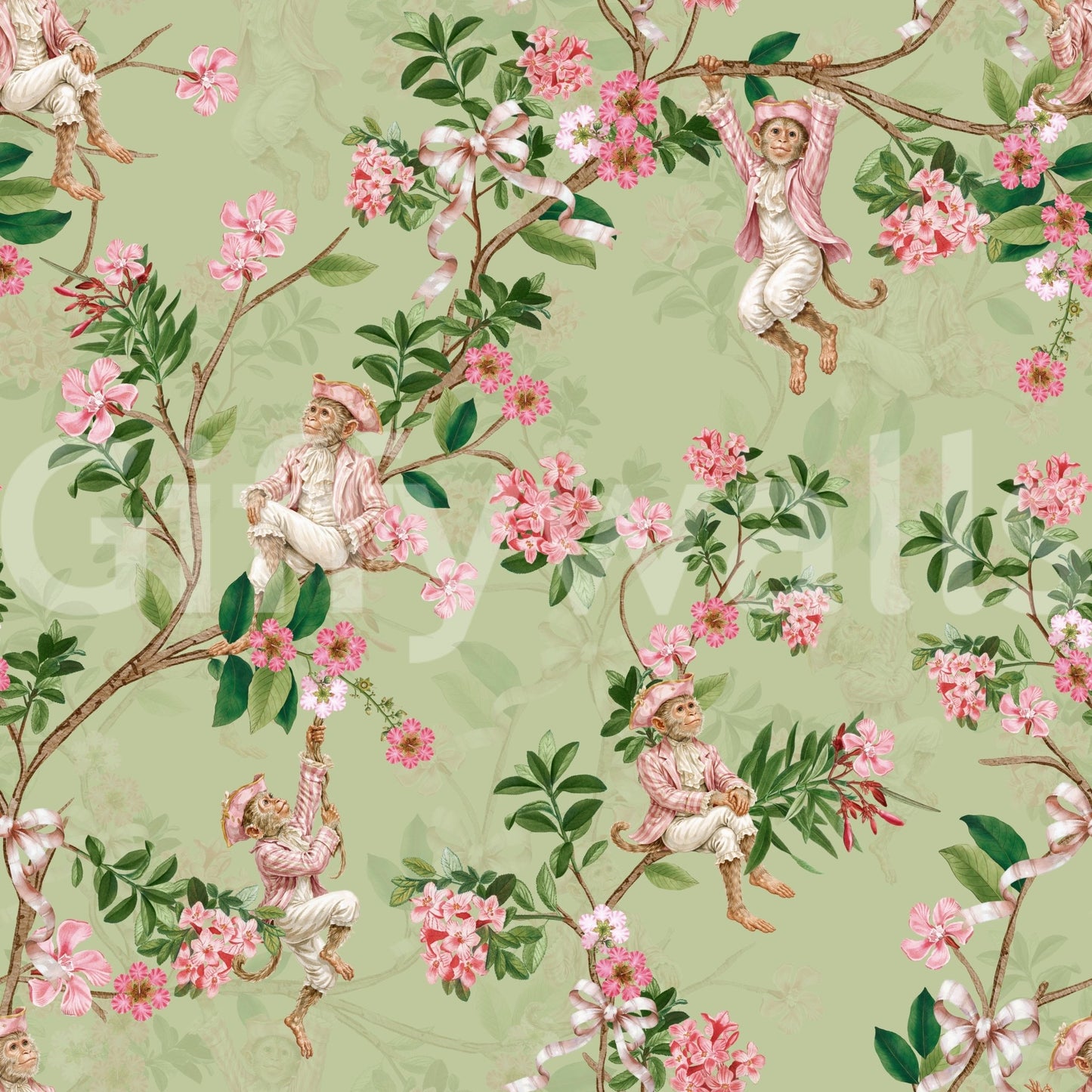 Vintage aristocratic monkey wallpaper in green with florals and ribbon detail