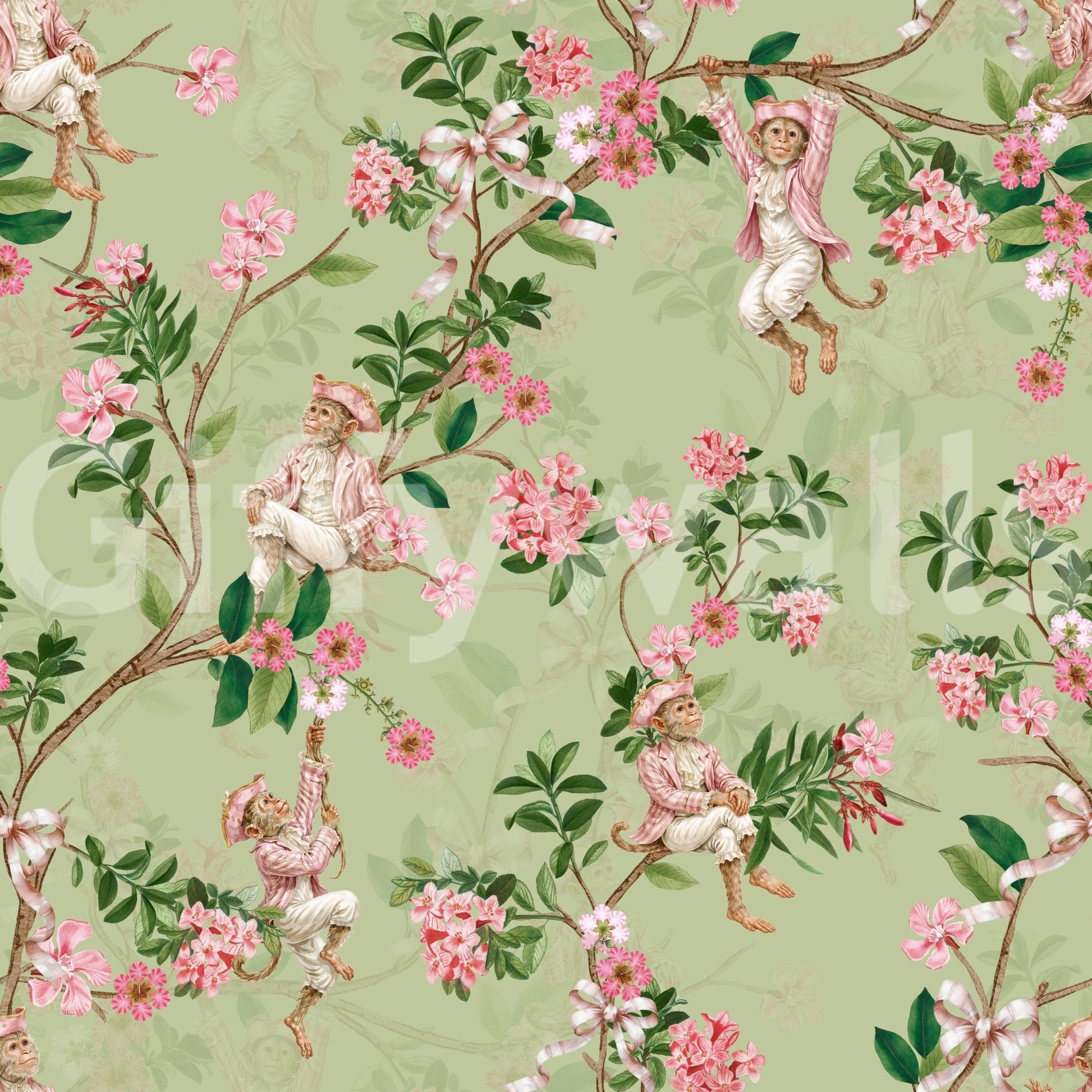 Vintage aristocratic monkey wallpaper in green with florals and ribbon detail