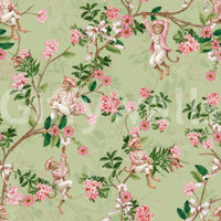 Vintage aristocratic monkey wallpaper in green with florals and ribbon detail