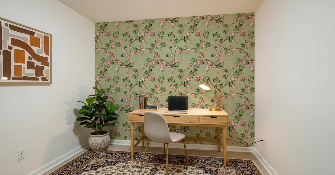 Small home study with the Whimsical Rococo Monkeys Vineyard Garden Green Wallpaper