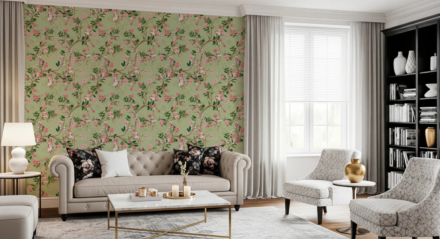 Elegant sitting room with Whimsical Rococo Monkeys Vineyard Garden Green Wallpaper