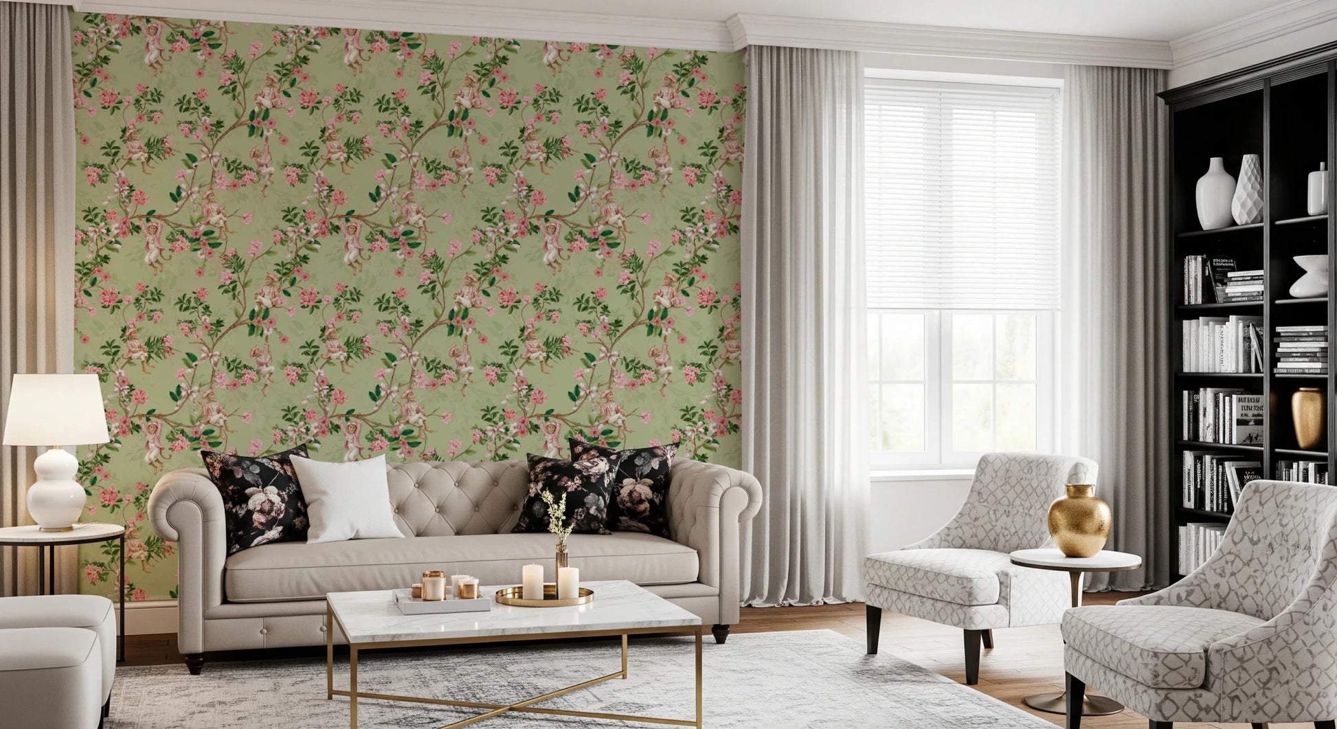 Elegant sitting room with Whimsical Rococo Monkeys Vineyard Garden Green Wallpaper