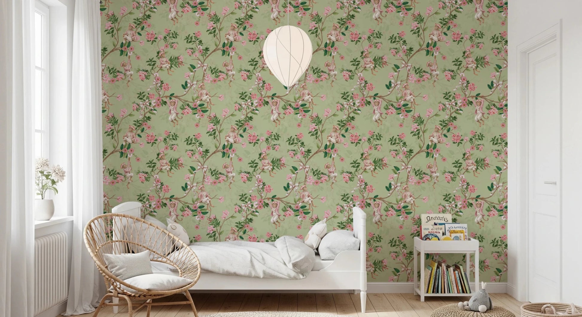 Charming nursery with the Whimsical Rococo Monkeys Vineyard Garden Green Wallpaper