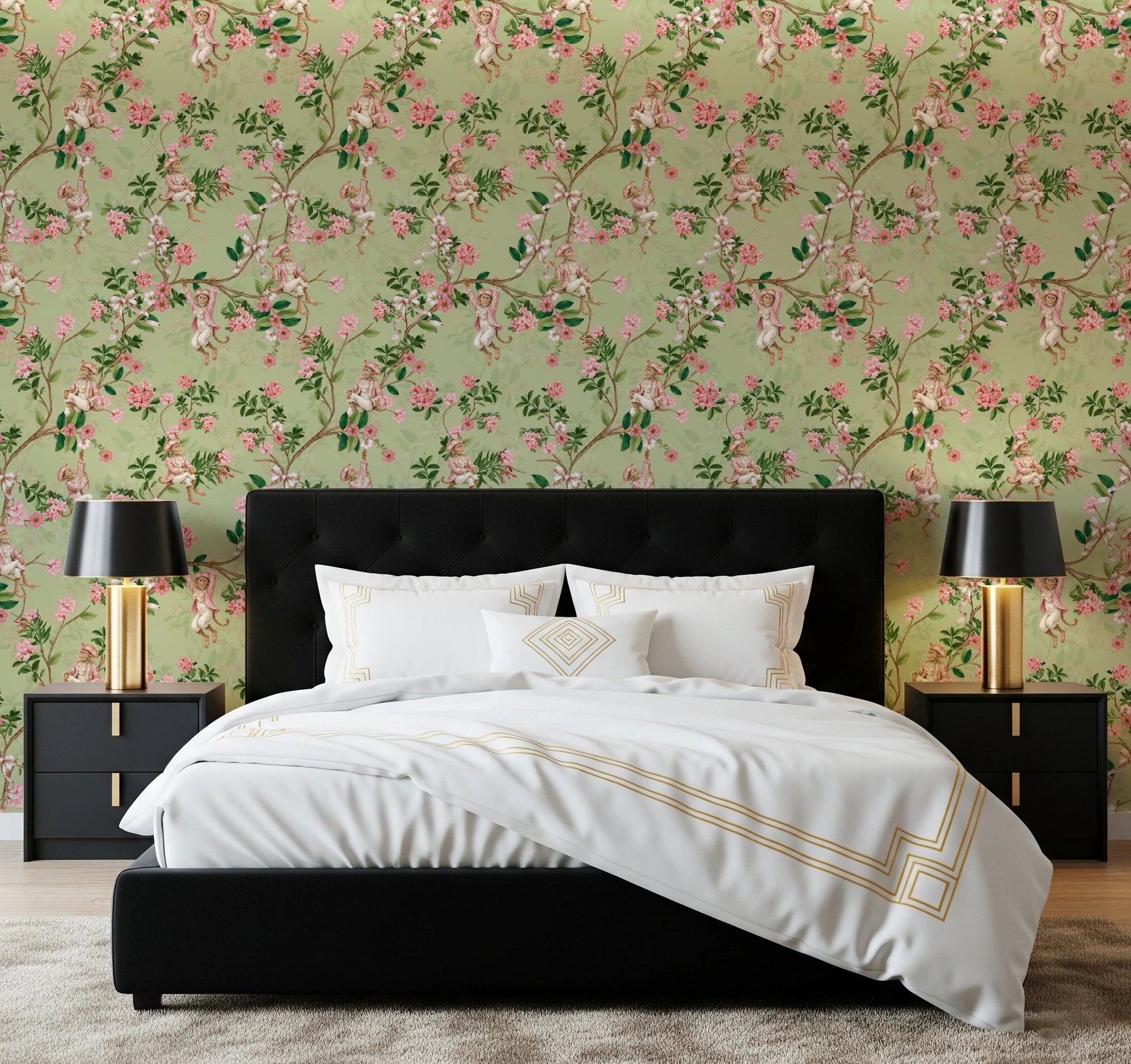 Master bedroom with Whimsical Rococo Monkeys Vineyard Garden Green Wallpaper finish, GD8582