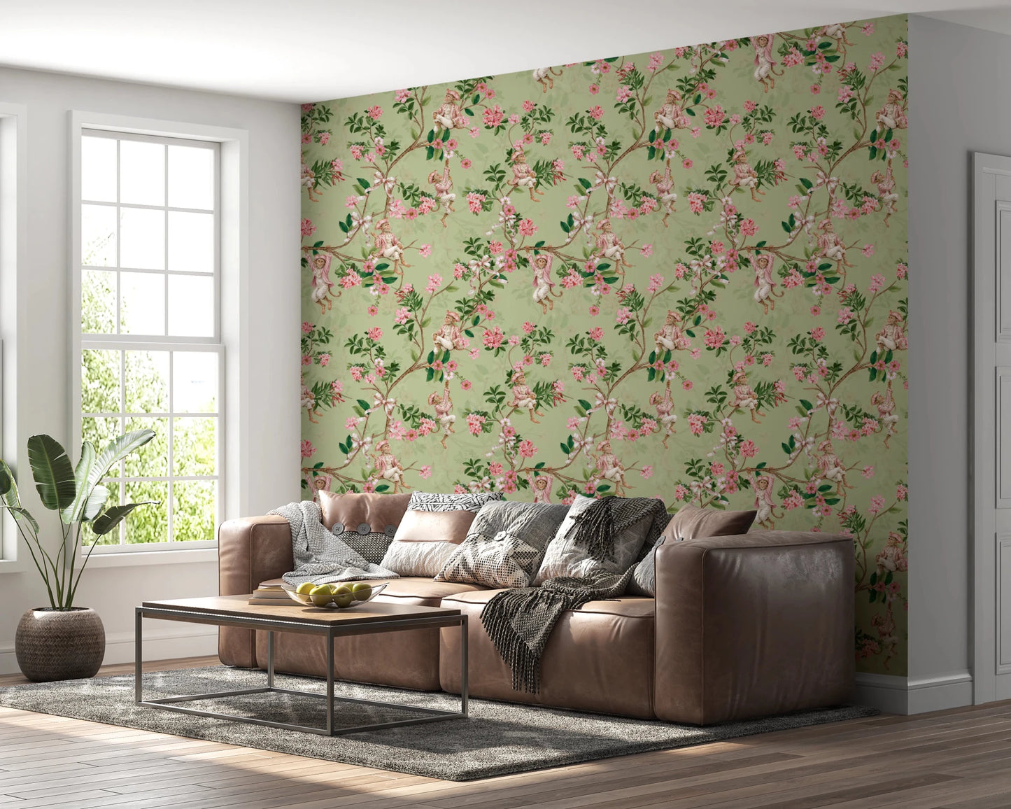 Comfortable family room with Whimsical Rococo Monkeys Vineyard Green Wallpaper