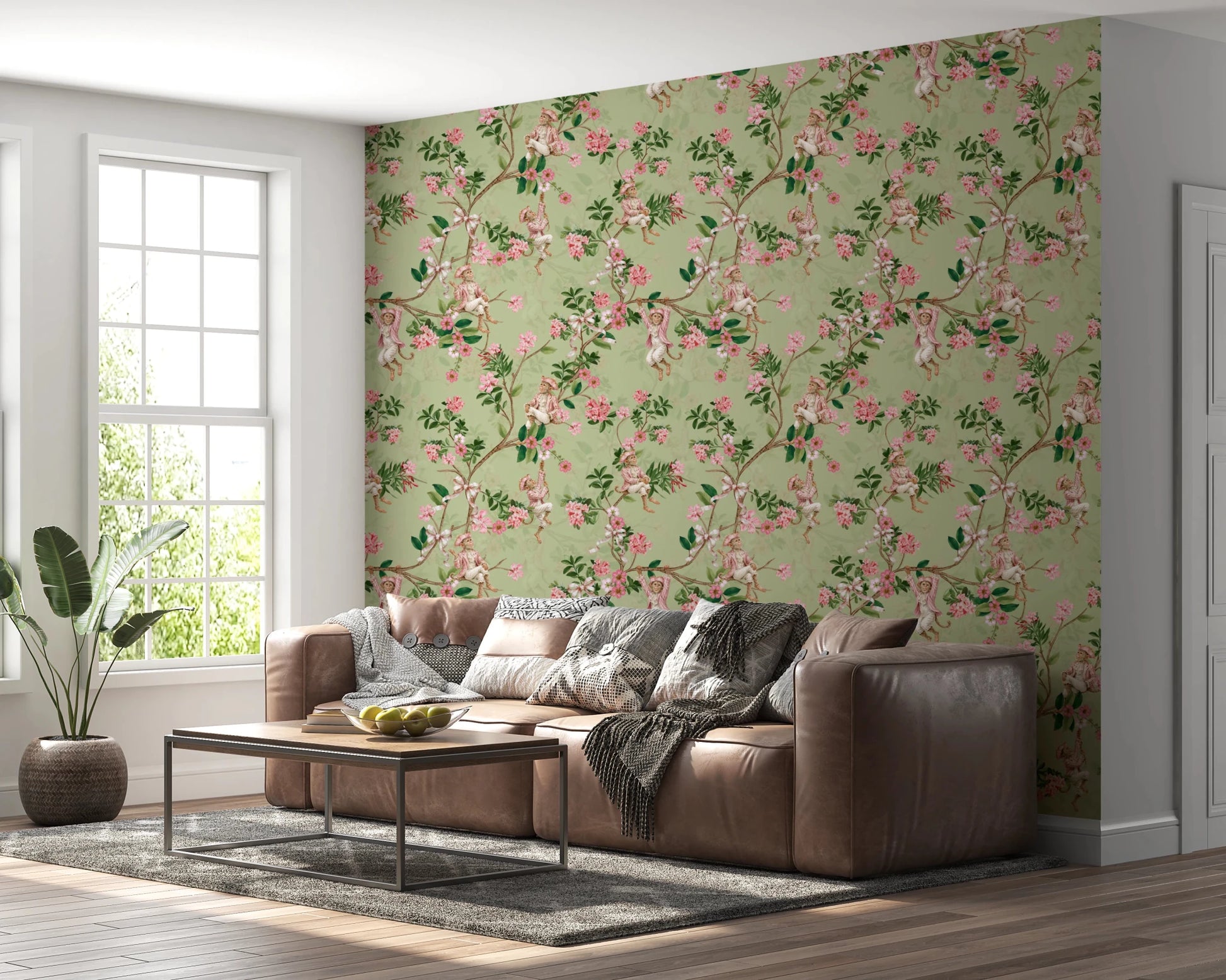 Comfortable family room with Whimsical Rococo Monkeys Vineyard Green Wallpaper