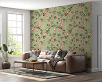 Comfortable family room with Whimsical Rococo Monkeys Vineyard Green Wallpaper