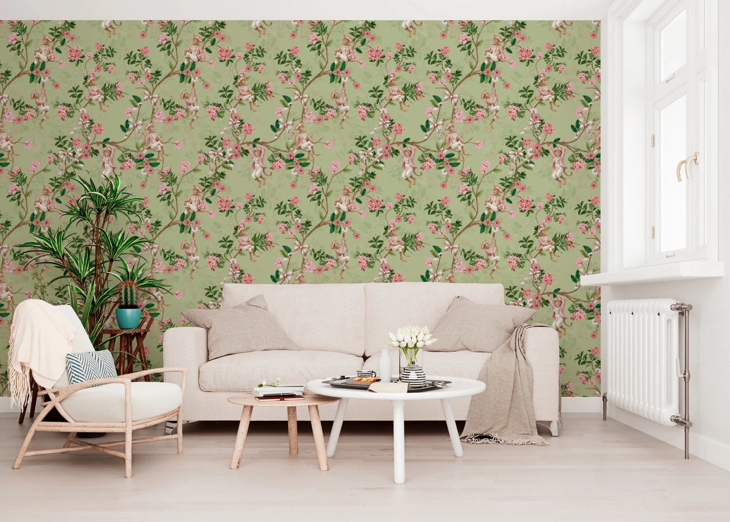 Minimalist living room featuring Whimsical Rococo Monkeys Vineyard Green Wallpaper