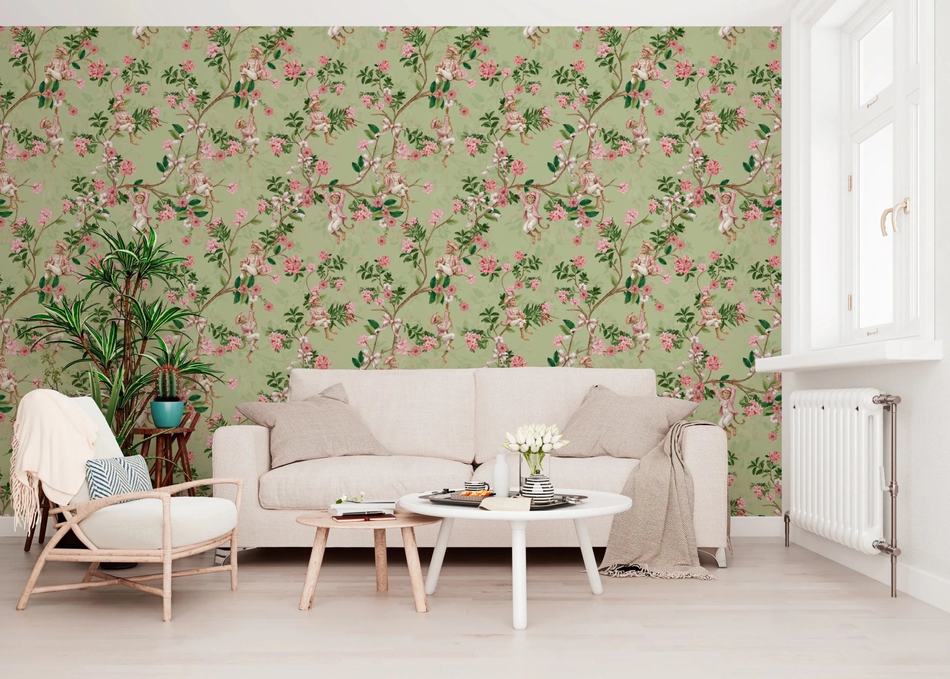 Minimalist living room featuring Whimsical Rococo Monkeys Vineyard Green Wallpaper