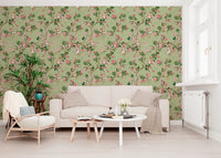 Minimalist living room featuring Whimsical Rococo Monkeys Vineyard Green Wallpaper