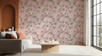 Living room framed by pink monkey garden wallpaper with soft green leaf accents, GD8585