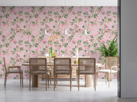 Dining space highlighted by pink monkey garden wallpaper with blooming leaf pattern, GD8585