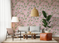 Living room setup with pink monkey garden wallpaper and elegant floral branches, GD8585
