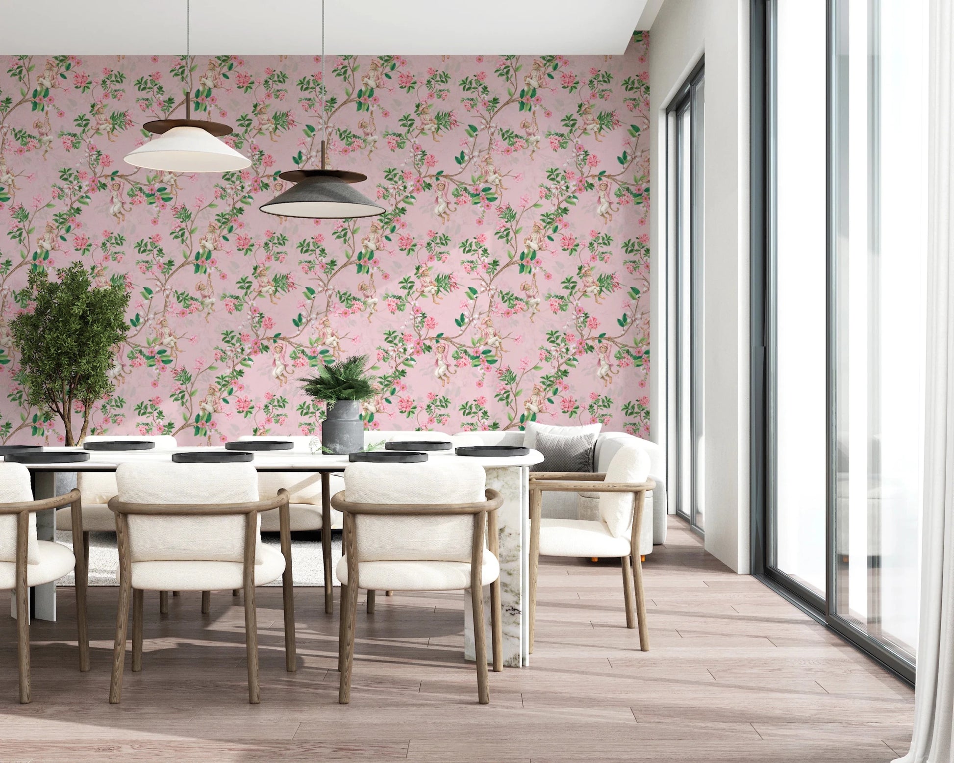 Dining room finished in pink monkey garden wallpaper with floral vine detailing, GD8585