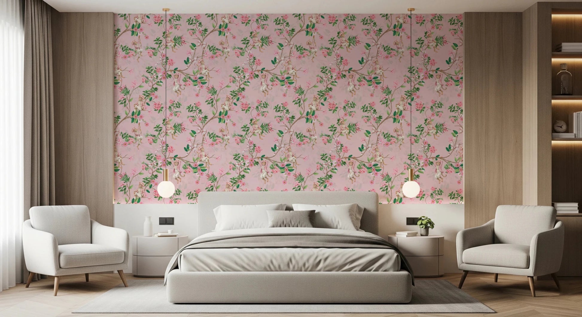 Bedroom featuring pink monkey garden wallpaper with delicate leafy branches, GD8585