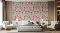 Bedroom featuring pink monkey garden wallpaper with delicate leafy branches, GD8585