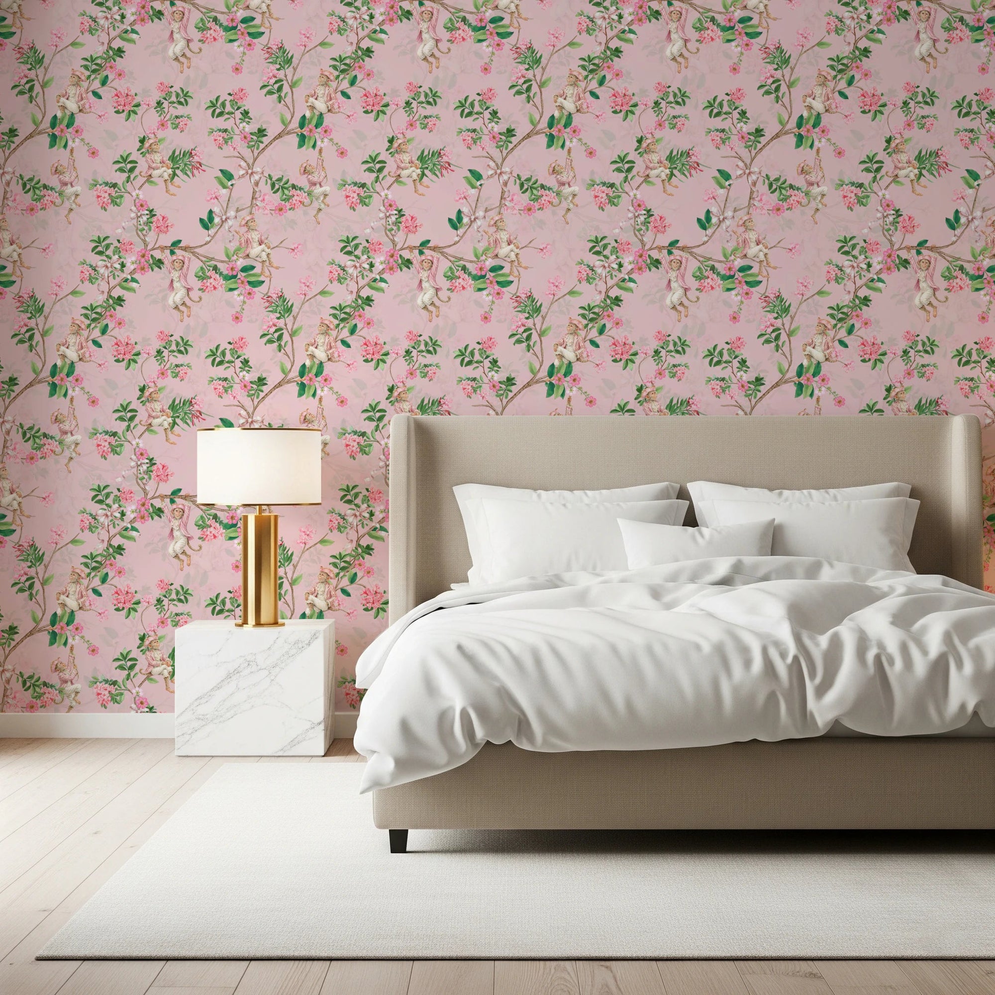Bedroom styled with pink monkey garden wallpaper and soft floral vine pattern, GD8585