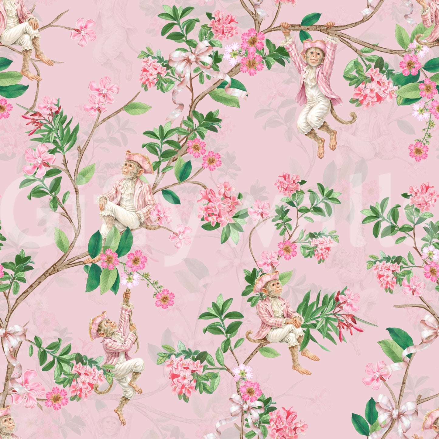Whimsical vineyard party pink wallpaper with Rococo monkeys and leafy vine branches, GD8585