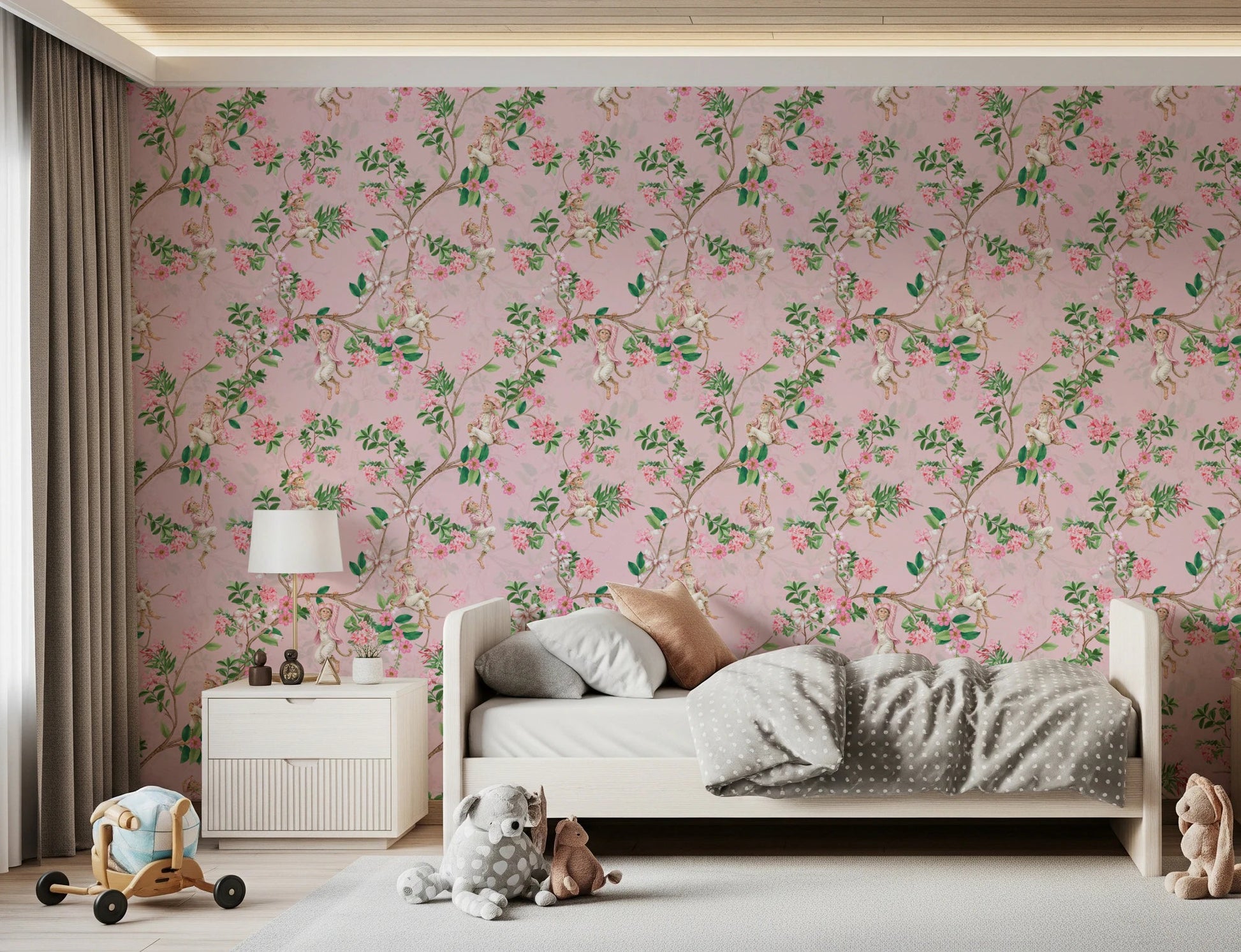 Kids bedroom wrapped in pink monkey garden wallpaper and playful floral vines, GD8585