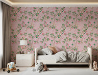 Kids bedroom wrapped in pink monkey garden wallpaper and playful floral vines, GD8585