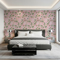 Master bedroom enhanced by pink monkey garden wallpaper and graceful branch motifs, GD8585