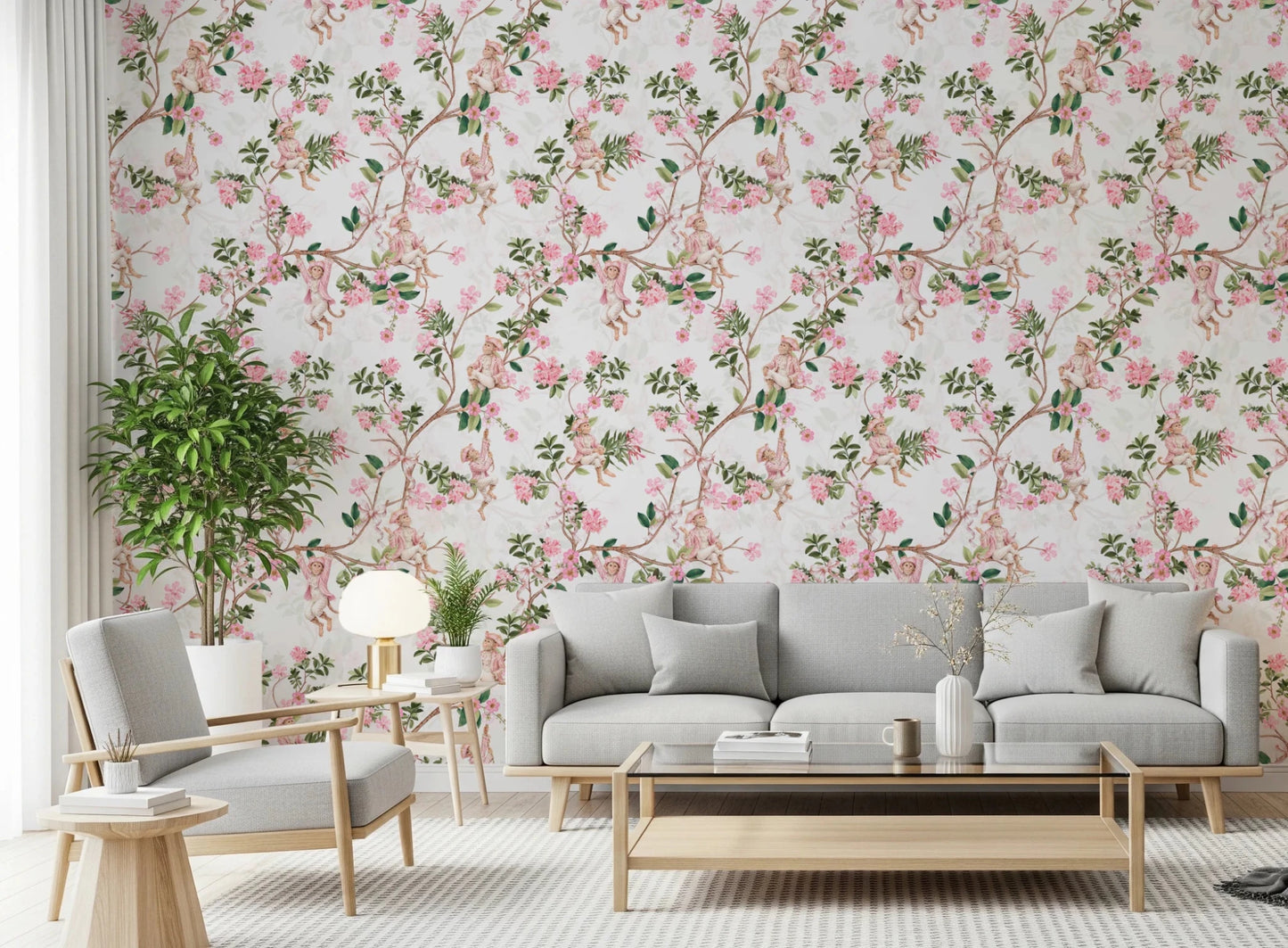 Hallway featuring the full Whimsical Rococo Monkeys Vineyard Garden Pink Wallpaper scene.