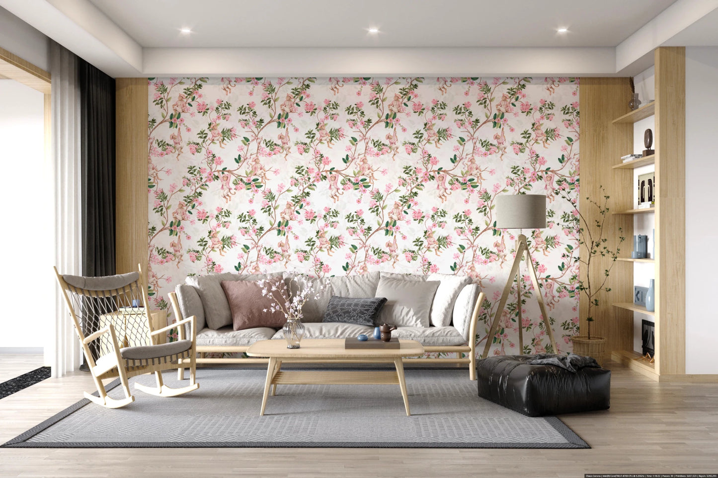 Matte finish Whimsical Rococo Monkeys Vineyard Pink Wallpaper accents for a powder room.
