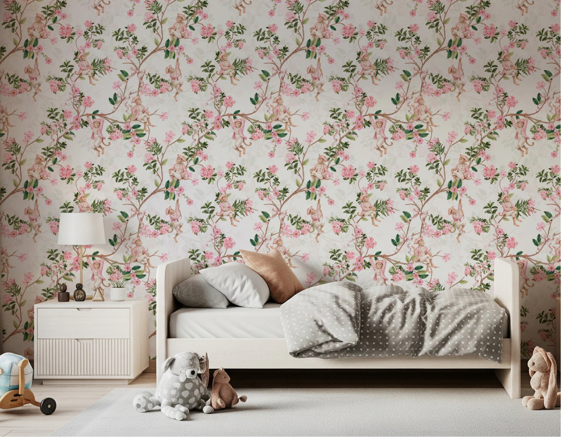 Playful nursery space with Whimsical Rococo Monkeys Vineyard Vintage Garden Pink Wallpaper.