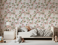 Playful nursery space with Whimsical Rococo Monkeys Vineyard Vintage Garden Pink Wallpaper.