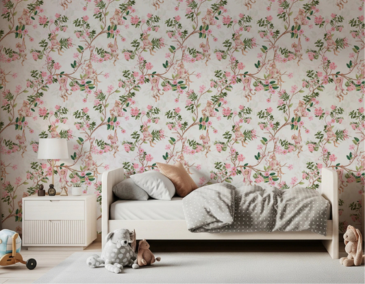 Playful nursery space with Whimsical Rococo Monkeys Vineyard Vintage Garden Pink Wallpaper.
