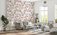 Serene modern lounge using Whimsical Rococo Monkeys Vineyard Garden Pink Wallpaper.