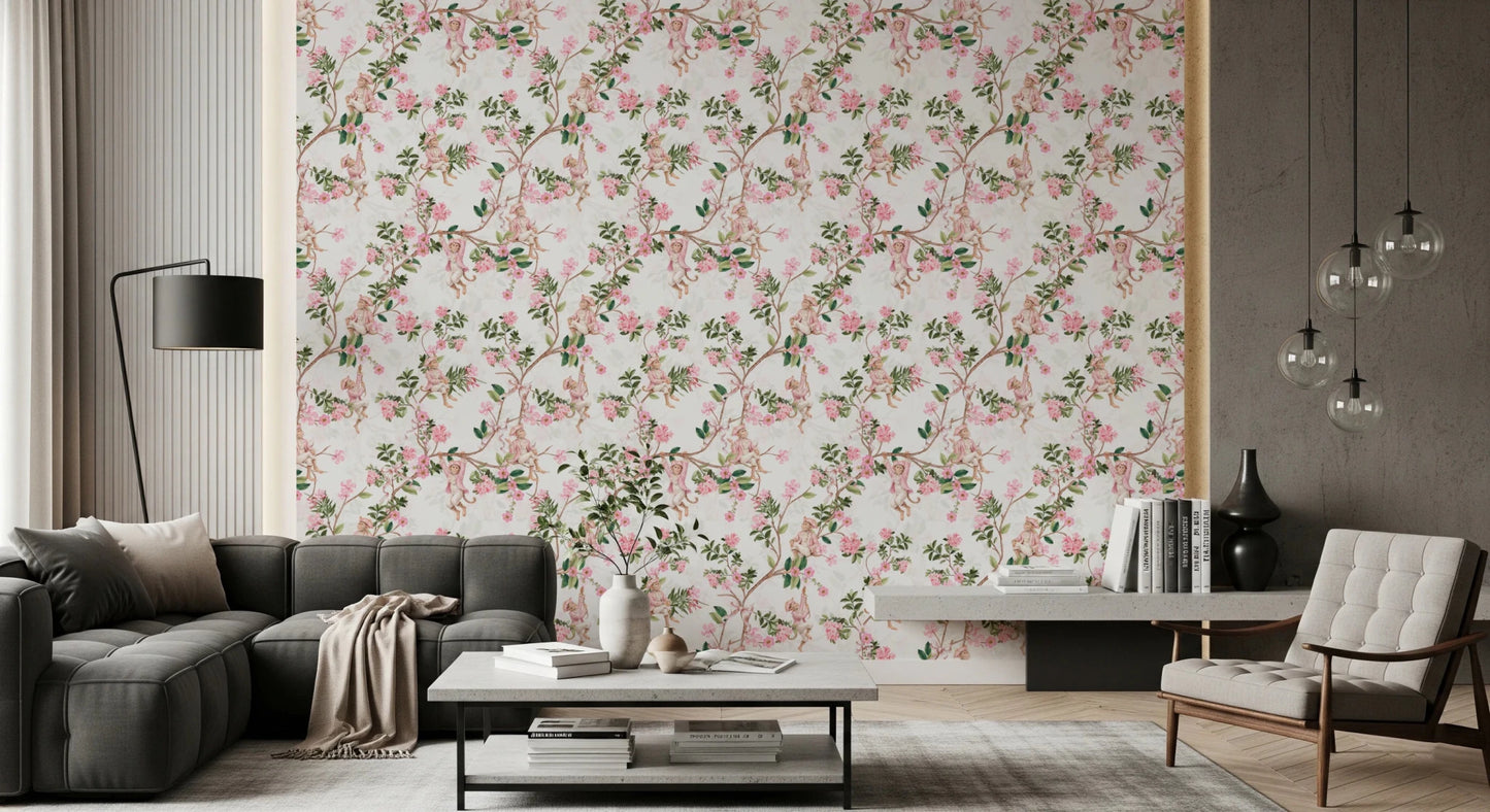 Durable Whimsical Rococo Monkeys Vineyard Pink Wallpaper accenting a cozy living room.