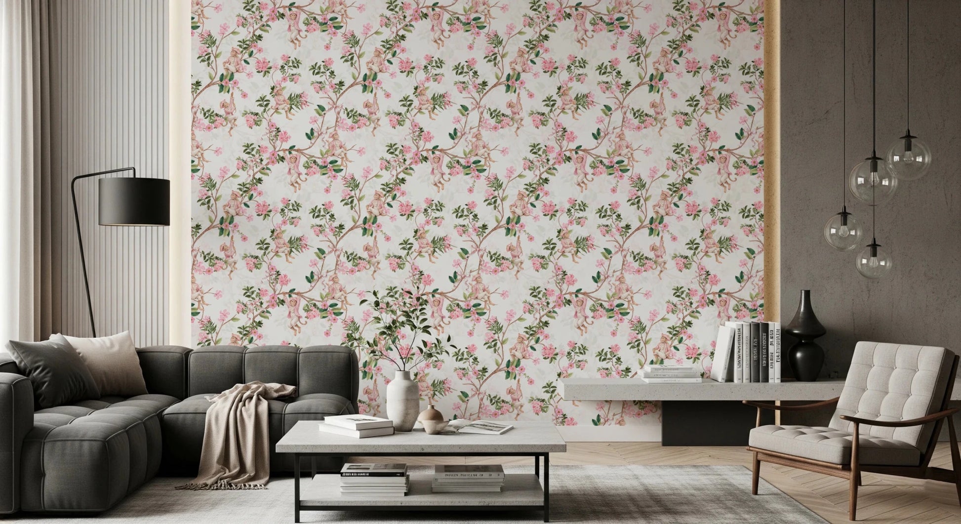 Durable Whimsical Rococo Monkeys Vineyard Pink Wallpaper accenting a cozy living room.