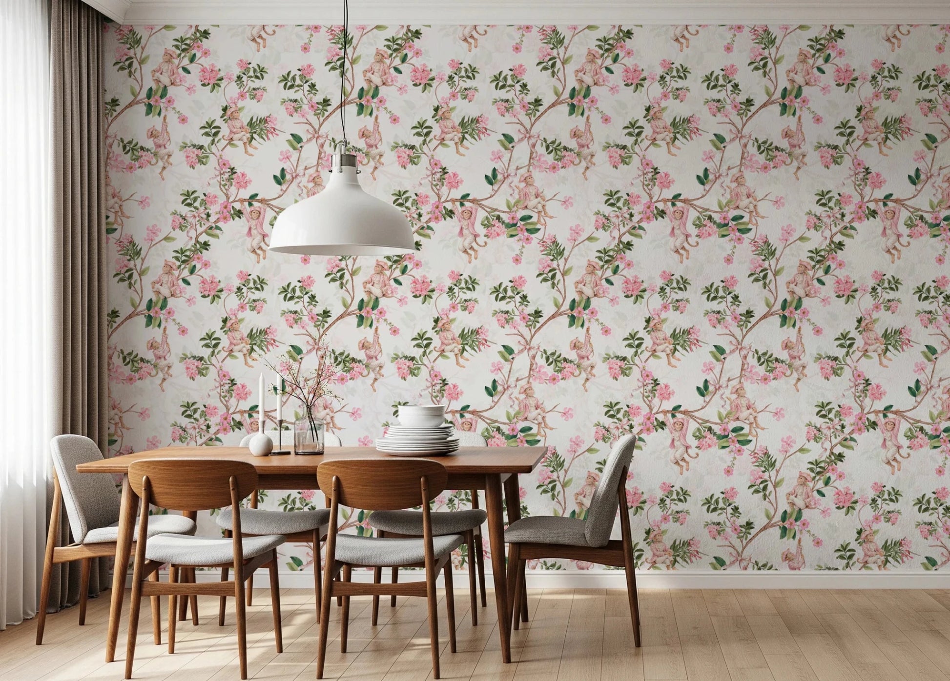 Enhance dining room with Whimsical Rococo Monkeys Vineyard Pink Wallpaper.