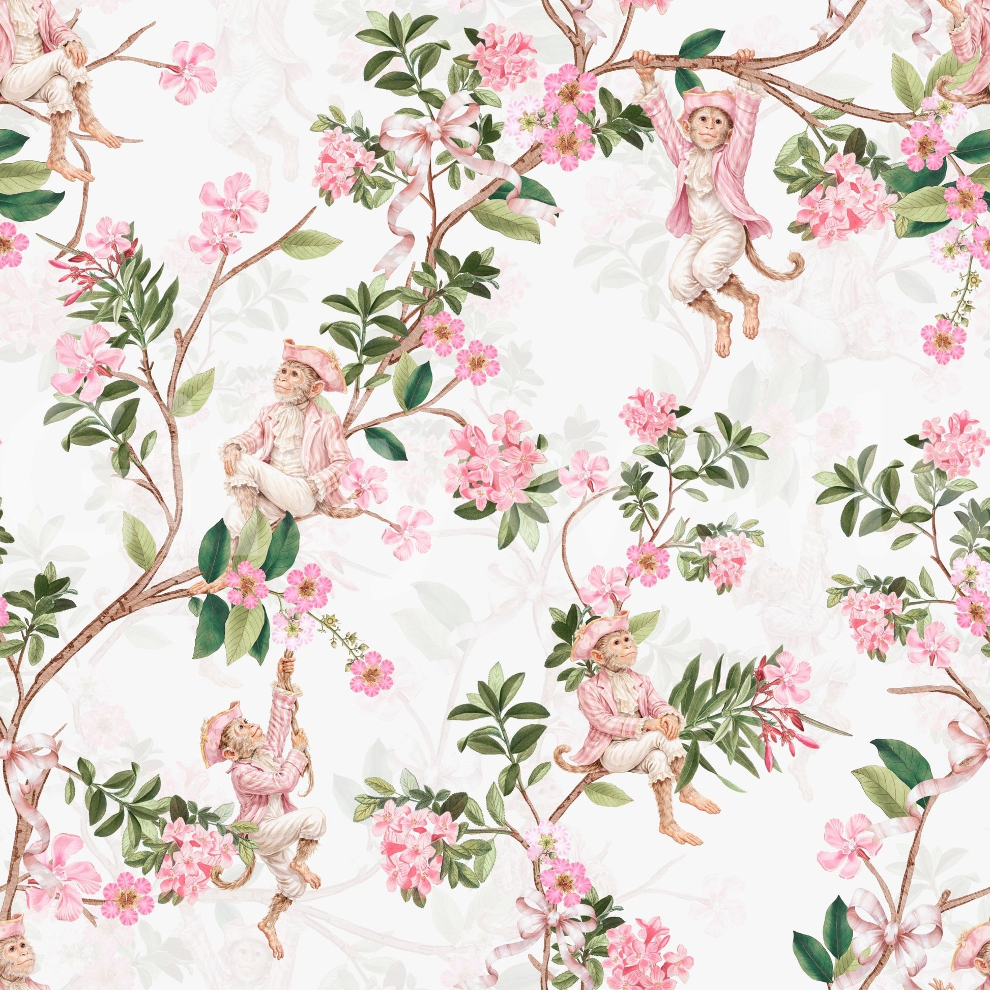 Vintage monkey vineyard wallpaper in white with floral clusters and soft green leaves