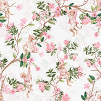 Vintage monkey vineyard wallpaper in white with floral clusters and soft green leaves
