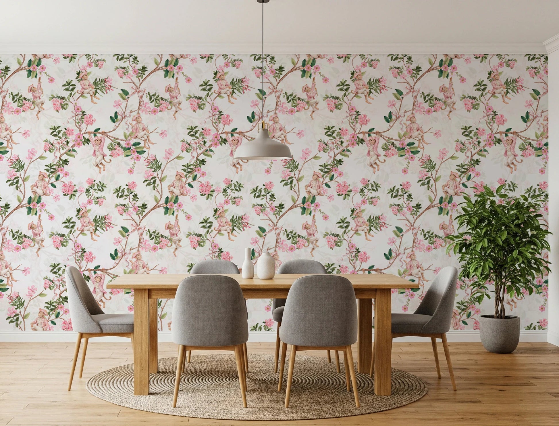 A wider view of the formal dining area with Whimsical Rococo Monkeys Vineyard Pink Wallpaper.