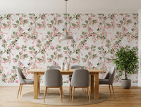 A wider view of the formal dining area with Whimsical Rococo Monkeys Vineyard Pink Wallpaper.