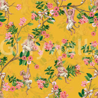 Vintage vineyard monkey yellow wallpaper with floral branches and rococo party detail, GD8584