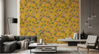 Window-side nook updated with whimsical party monkey wallpaper and blossom pattern, GD8584