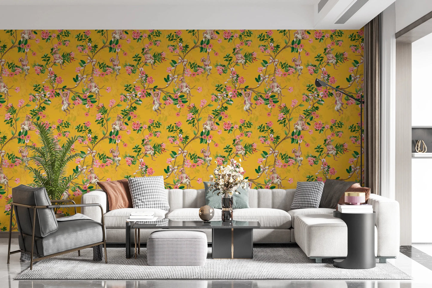 Open lounge featuring rococo vineyard monkey wallpaper in a cheerful yellow tone, GD8584