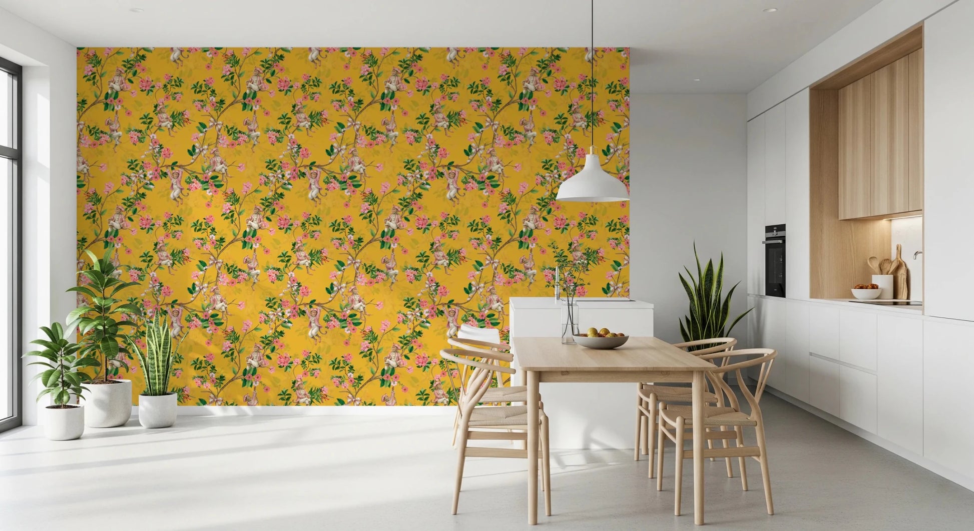 Dining corner paired with vineyard party yellow wallpaper and playful monkey motifs, GD8584