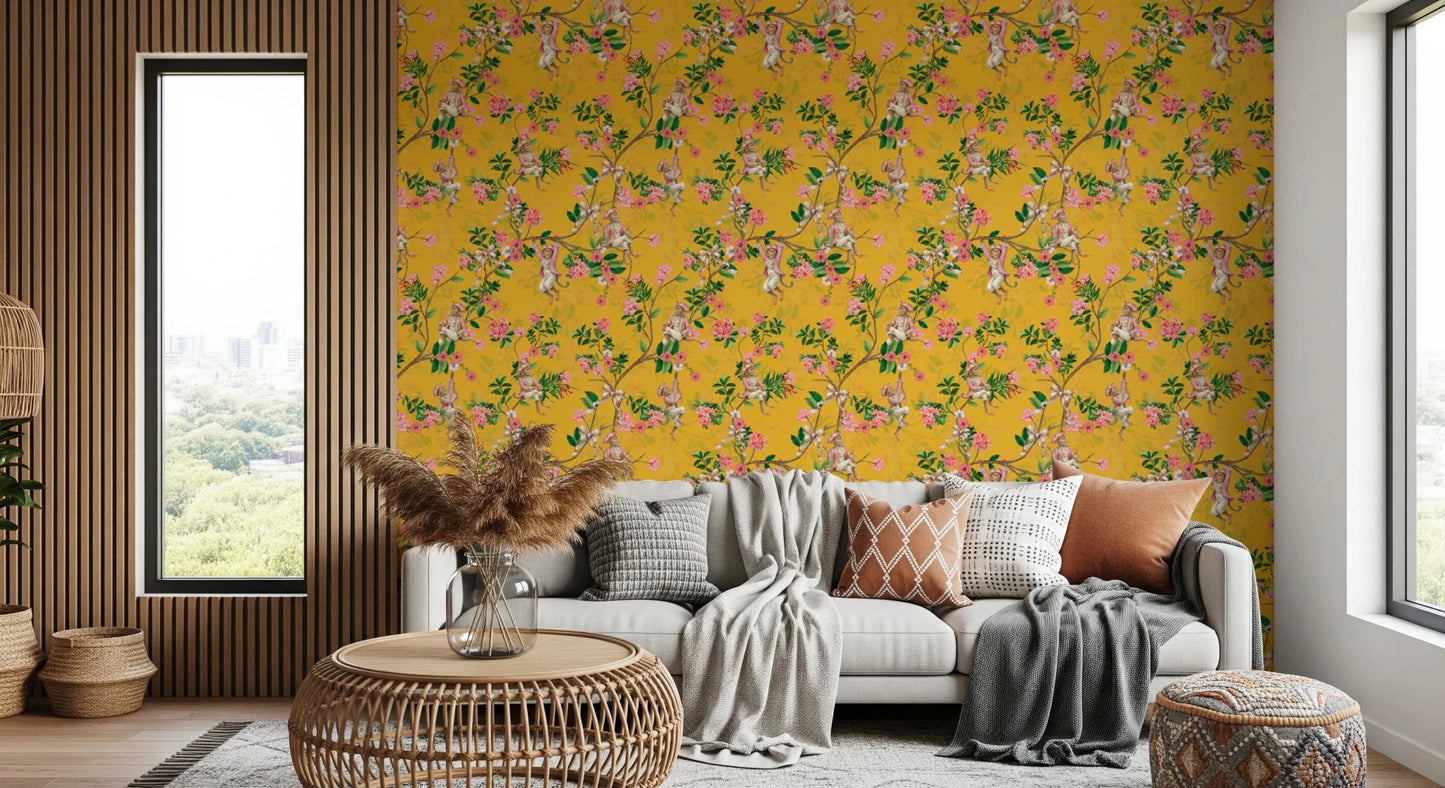 Relaxed sofa setting brightened by aristocratic vineyard yellow wallpaper with florals, GD8584