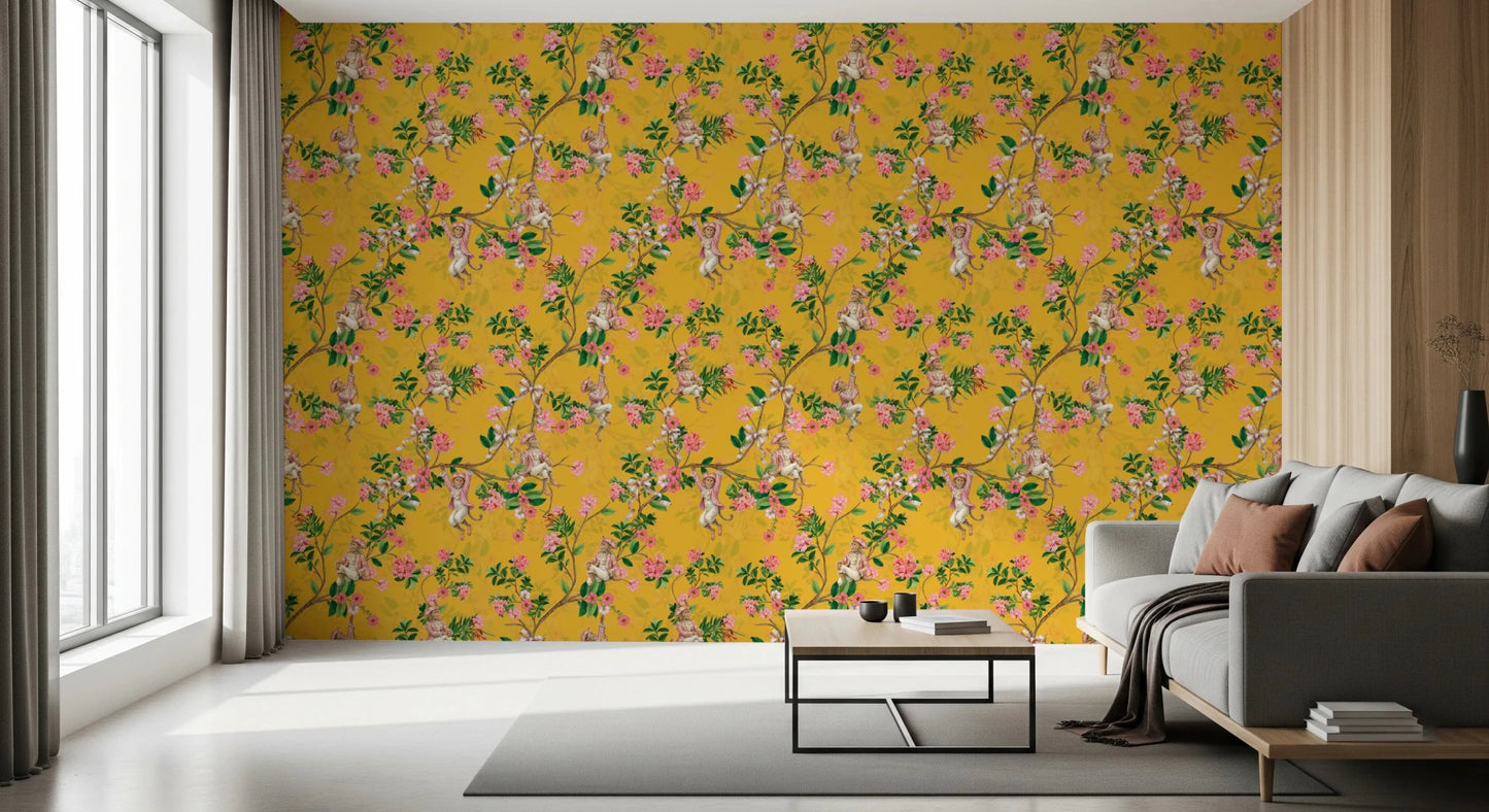 living room in whimsical rococo monkey wallpaper with blooming branches, GD8584