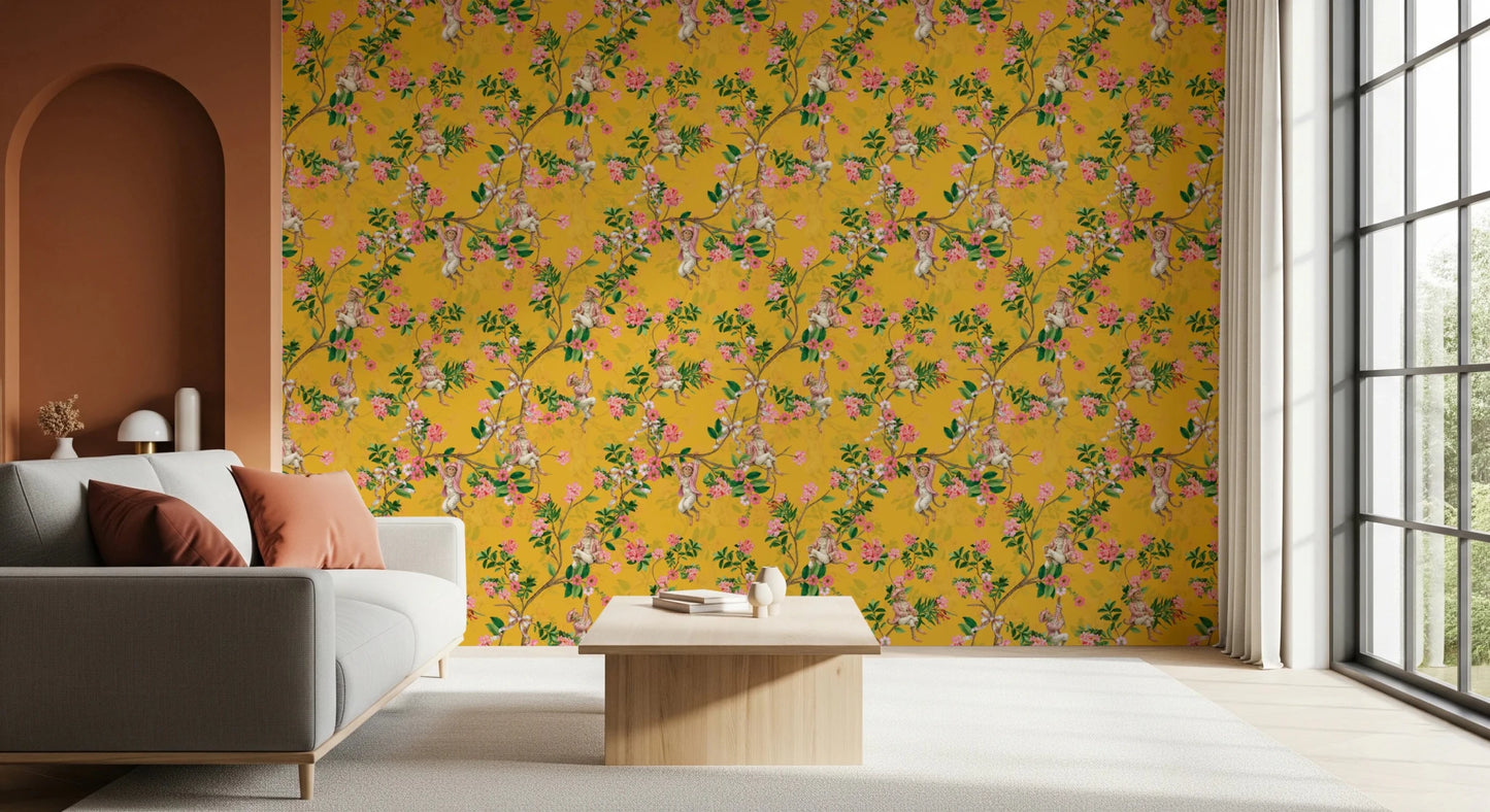 Arched living space lifted by vintage garden party monkey wallpaper and floral vines, GD8584