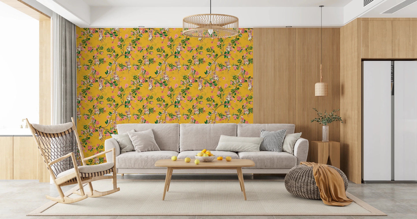 Warm family room softened by vintage monkey garden wallpaper with pink floral clusters, GD8584